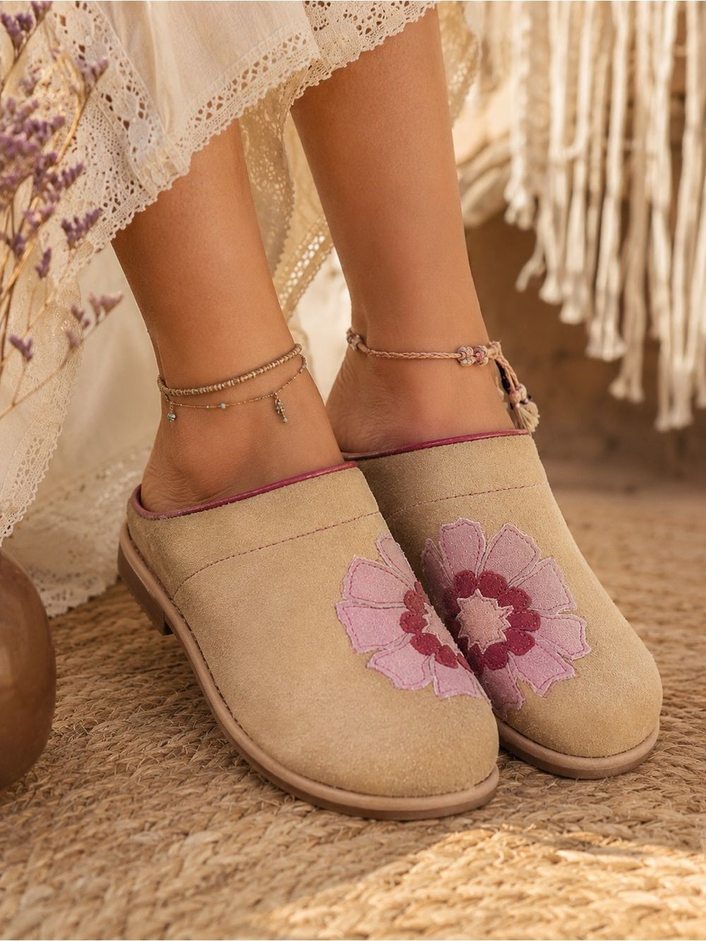 Sanita Beige Leather Slip-On Clogs Pink Floral Embroidery Boho Aesthetic